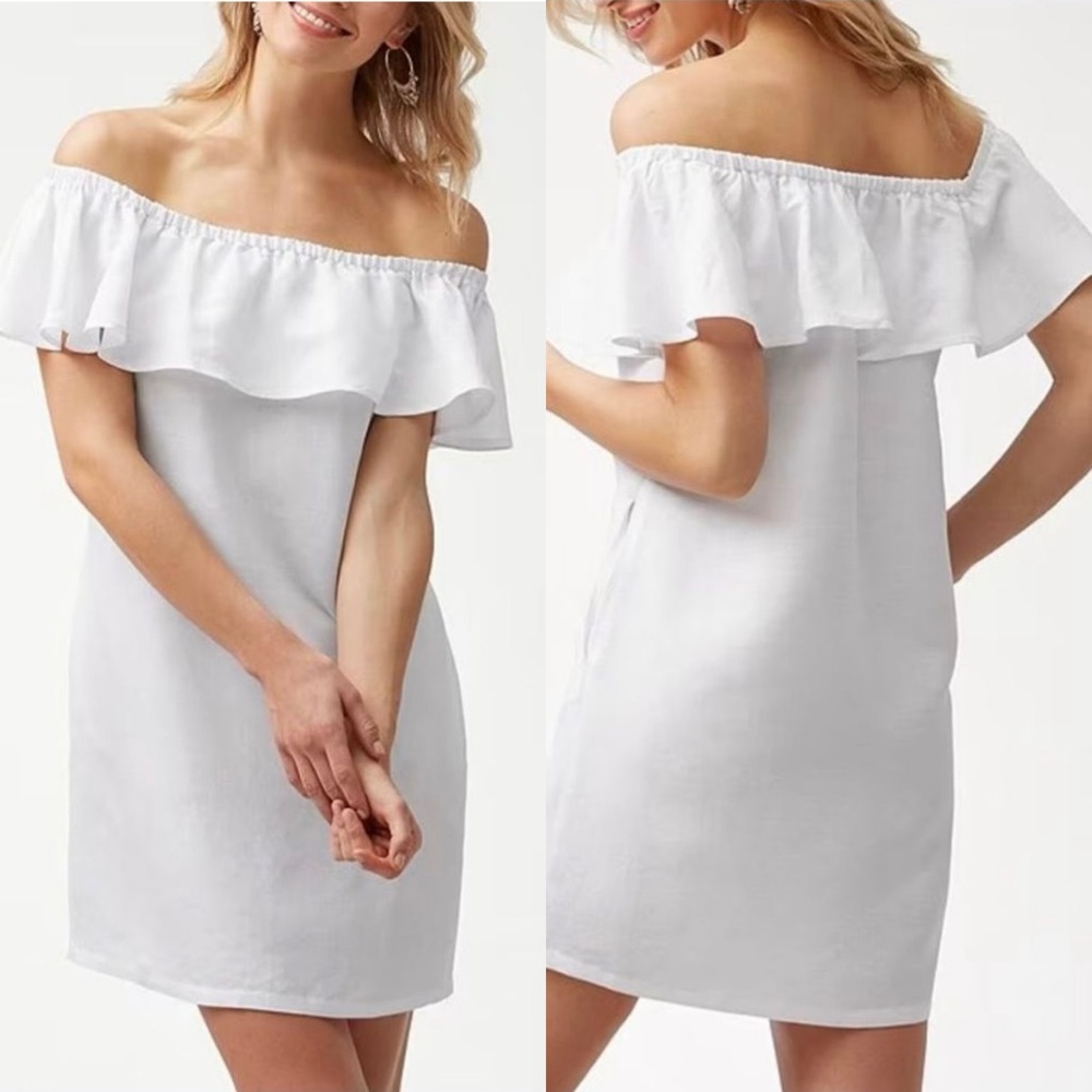 Tommy Bahama Linen Dye Off the Shoulder Dress, White, Medium - Picture 15 of 16